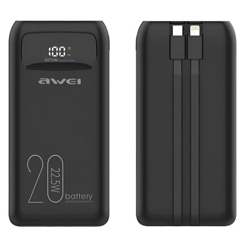 AWEI Powerbank Awei P169K 20000mAh 22,5W 1xUSB-C PD + 1xUSB-A Fast Charge -wbudowane kable USB-C / Lightning -czarny